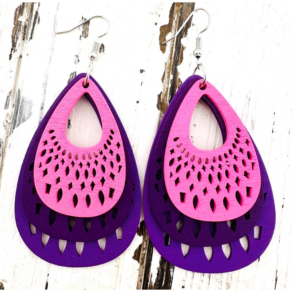 Neon Layered Teardrop Earrings Purple & Pink Laser Cut Wood